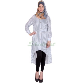 High-low womens kurta- White colored with Blue stripes